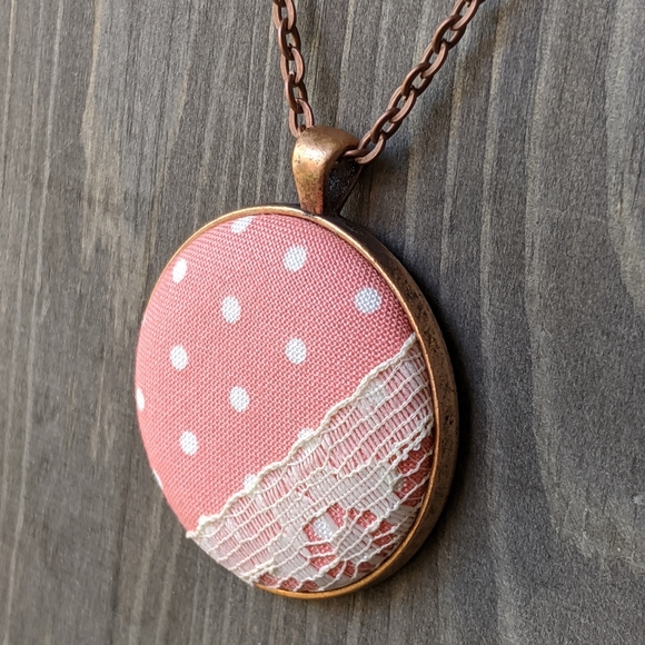 Lace & Fabric Cabochon Necklace with Vintage Pink & White Polka Dot Fabric - Picture 2 of 3